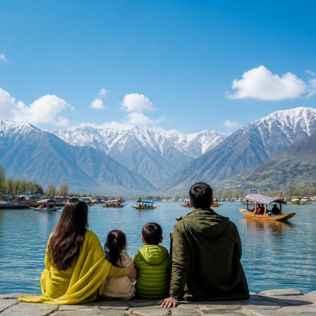 A family taking in a sweeping mountain lake and Himalayan view with Enjoy Yatra