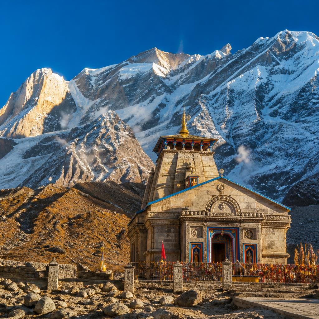 Kedarnath temple against the snow-capped Kedarnath massif